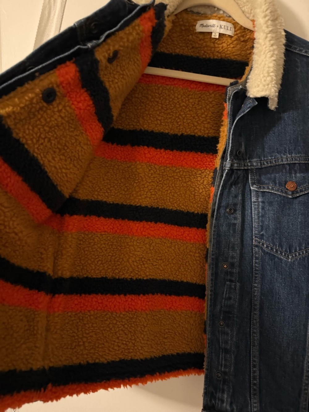 New Madewell x Kule Dark Blue Denim Jacket with Cream Sherpa Collar - Picture 3 of 4